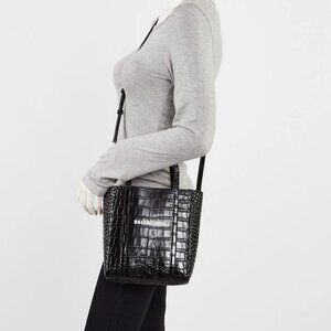 Balenciaga Black Crocodile Embossed Leather XXS Shopping Tote Bag